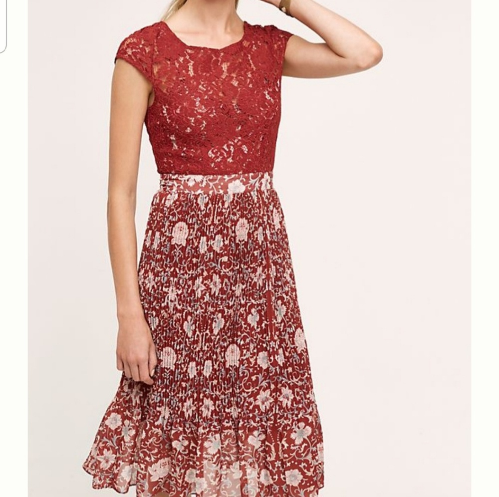 Tracy Reese Burgundy Lace Bodice Floral Midi Dress